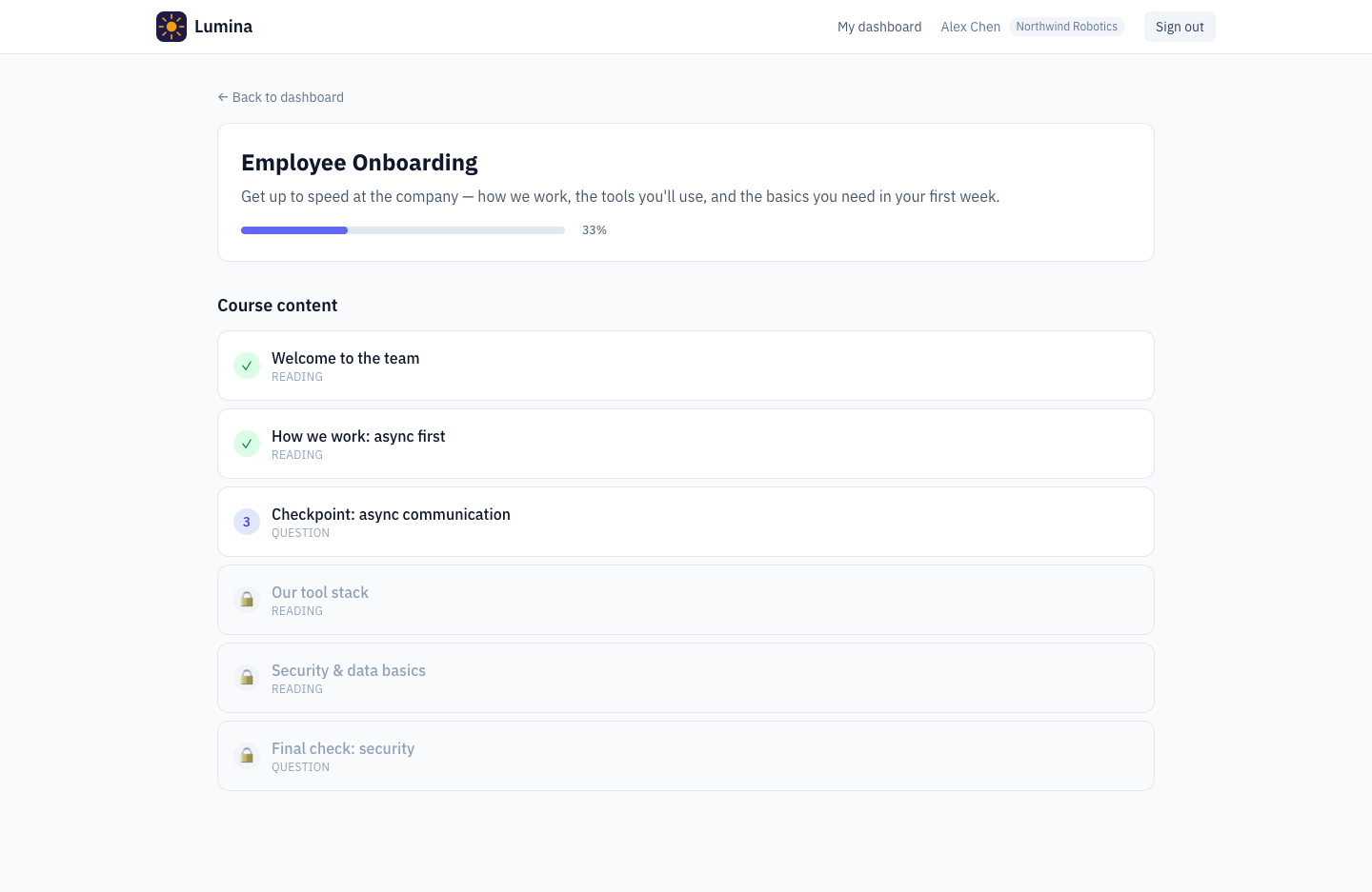 The New Elearning — learner course view with sequential steps